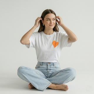 Woman sitting cross-legged wearing white Be Like Children Christian t-shirt with orange heart graphic on front