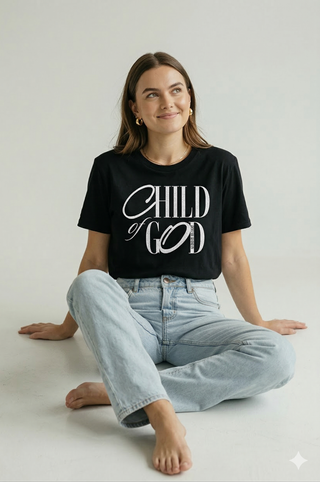 Close-up of "Child of God" calligraphy graphic on black Christian t-shirt, woman sitting peacefully with light jeans