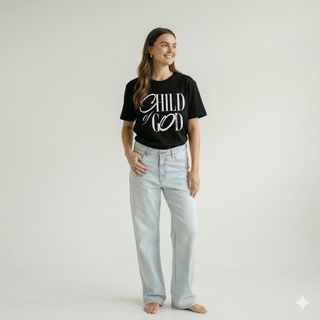 Full body standing view of woman in black "Child of God" Christian calligraphy t-shirt with light wash straight leg jeans