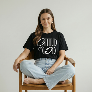 Woman in black "Child of God" Christian graphic tee sitting cross-legged on wooden chair, faith-inspired women's apparel by Faith & Co.