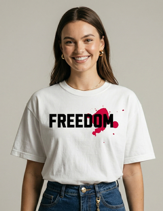 Woman smiling wearing Freedom in Christ white Christian faith t-shirt - front view DTF printed design
