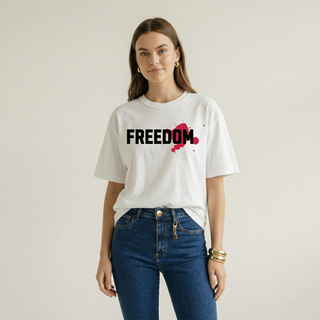Full body view of Freedom in Christ Christian faith t-shirt white unisex tee - Faith & Co Apparel