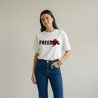 FREEDOM. Christian t-shirt close up design with red redemption splash - unisex faith apparel Faith & Co