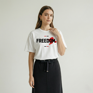 Woman wearing Freedom in Christ Christian t-shirt styled with black skirt - Faith & Co faith apparel