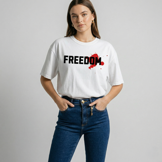 Freedom in Christ white Christian t-shirt with bold FREEDOM. graphic and red accent - Faith & Co Apparel
