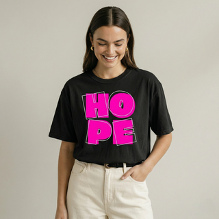 Faith & Co. HOPE tee - bold pink typography on black premium cotton shirt