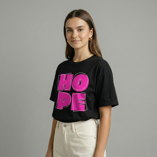 Faith & Co. HOPE tee - bold pink typography on black premium cotton shirt