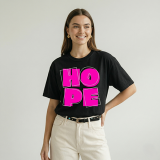 Faith & Co. HOPE tee - bold pink typography on black premium cotton shirt