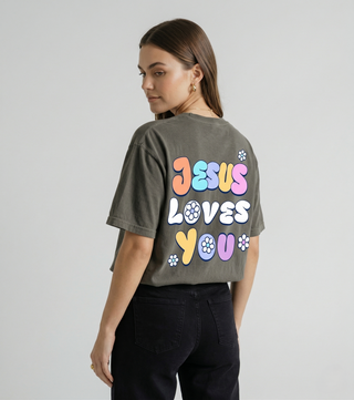 Back view of gray Jesus Loves You Christian t-shirt with colorful floral graphic design - Faith & Co