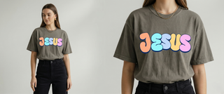 Split-view of woman in grey "Jesus Loves You" colorful pastel retro bubble letter Christian graphic tee, styled with black jeans — Faith & Co. design closeup