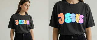 Split-view of grey "Jesus Loves You" Christian tee — full body and closeup of colorful retro pastel JESUS bubble letter design — Faith & Co. women's faith tee
