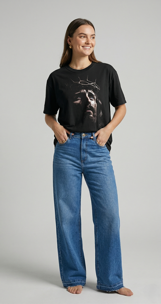 Jesus Crown of Thorns black Christian t-shirt front view on female model