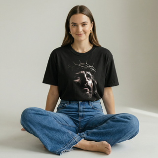 Faith & Co Apparel Jesus Crown of Thorns Christian graphic tee black front seated