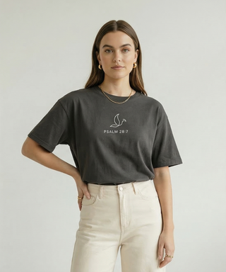 Front close-up of charcoal gray Christian t-shirt showing Psalm 28:7 text and Faith & Co logo on chest, women's faith-inspired fashion
