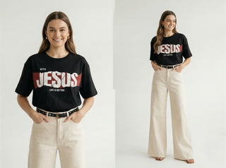 Side-by-side view of woman wearing black "With Jesus Life Is Better" bold red JESUS graphic Christian tee, styled with wide-leg cream trousers and a belt