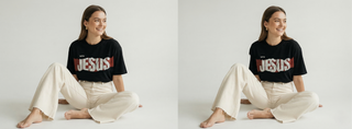 Two-panel image of smiling woman sitting on floor in black "With Jesus Life Is Better" oversized Christian graphic tee with bold JESUS text, cream wide-leg pants